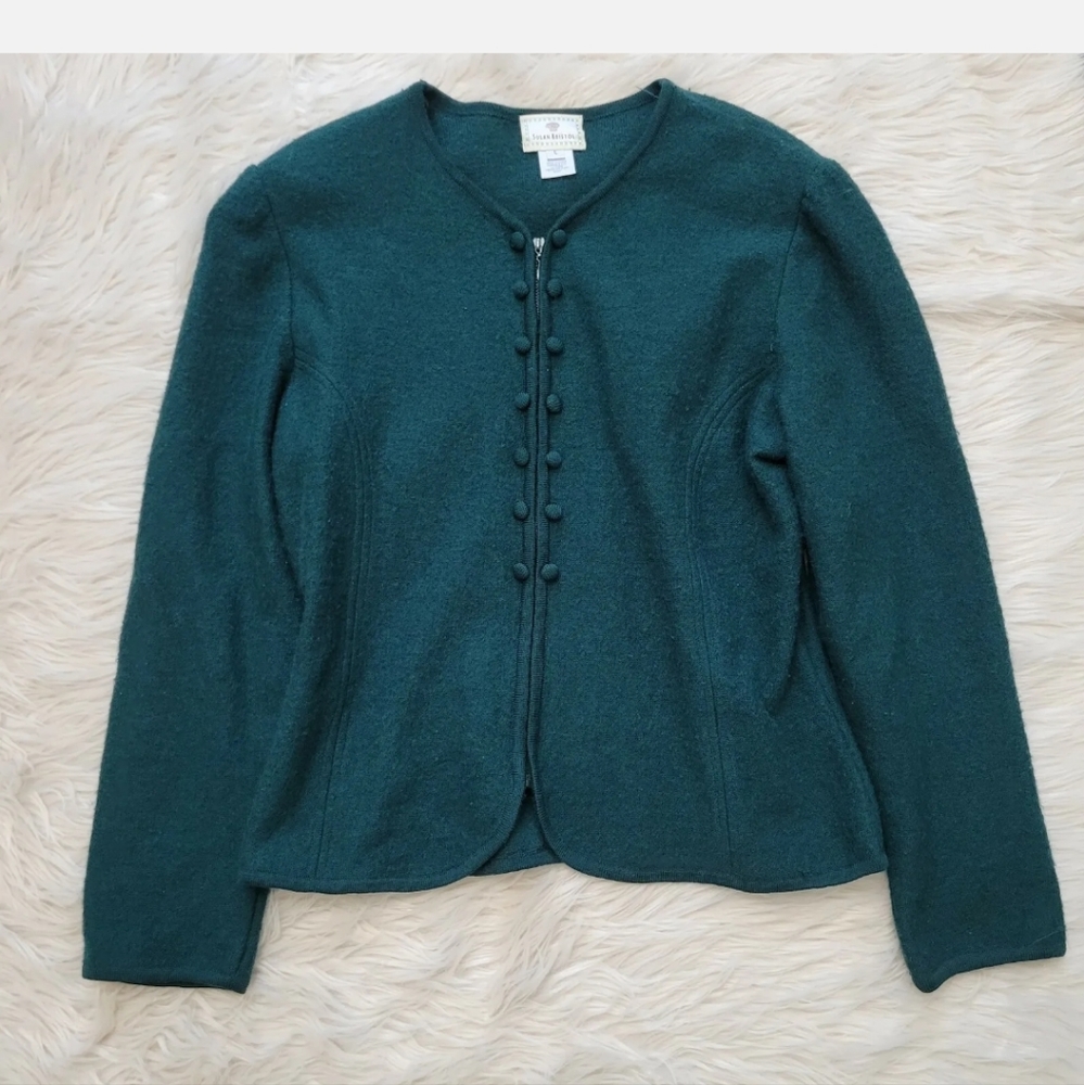Susan Bristol VTG 100% Wool Green Sweater Jacket Full Zip Button Accents Large